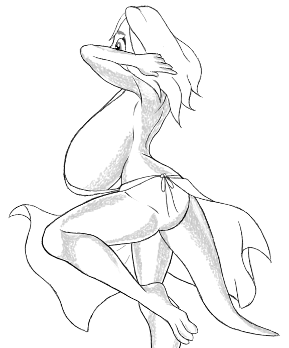 anthro big_breasts breasts clothing dress female greyscale hair huge_breasts lizard monochrome reptile samantha_brooks sarcolopter scalie side_boob simple_background solo