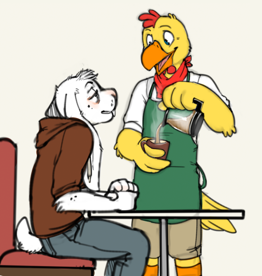 2013 4_fingers anthro apron avian barista beak beverage bird chicken clothed clothing coffee cubi cubi_(characters) cubi_(rabbit) cup digital_drawing_(artwork) digital_media_(artwork) duo feathers flir fur gus_(flir) lagomorph long_ears male mammal neckerchief open_mouth rabbit simple_background sitting smile standing white_fur yellow_feathers