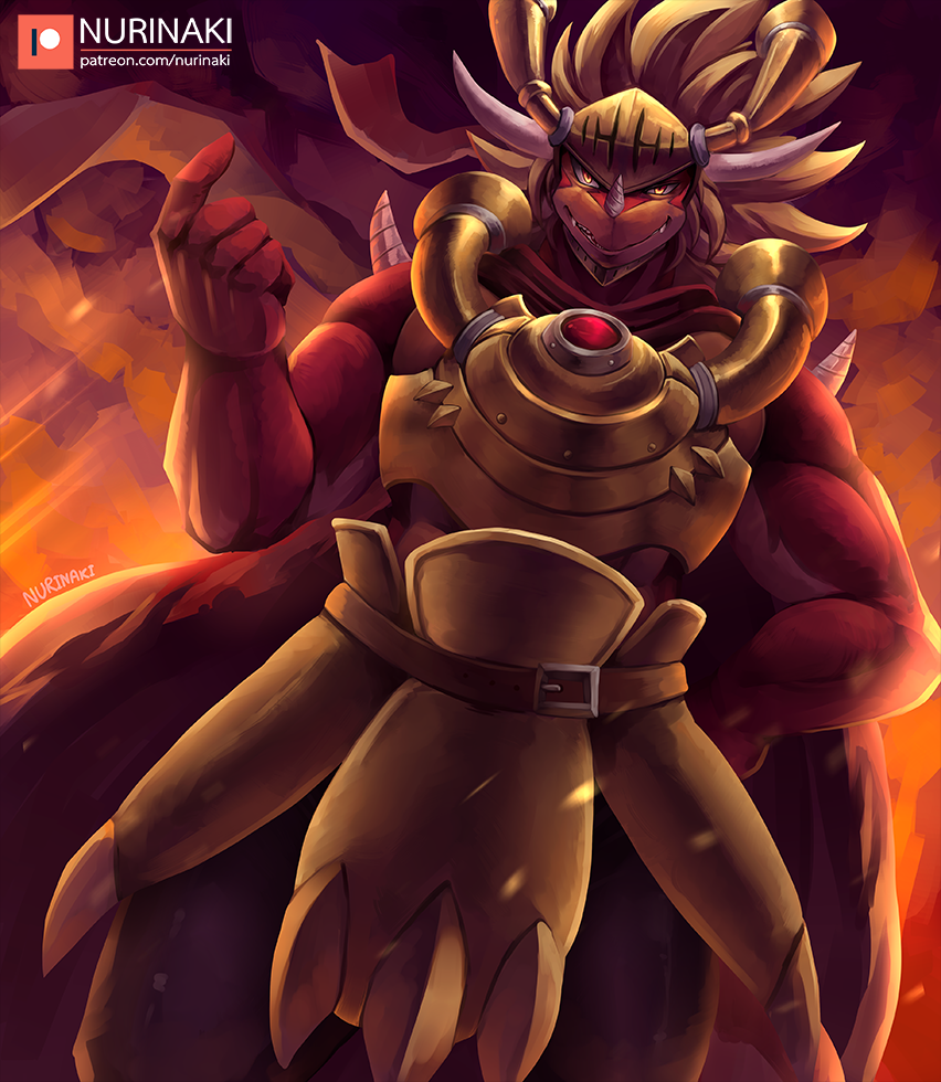 anthro armor athletic beckoning biceps blonde_hair cape claws clothing digital_media_(artwork) dragon drum_(buddyfight) drum_bunker_dragon fangs future_card_buddyfight hair helmet horn long_hair looking_at_viewer male manly muscular muscular_male nurinaki orange_scales pose red_scales reptile scales scalie scarf smile smirk solo teeth yellow_eyes