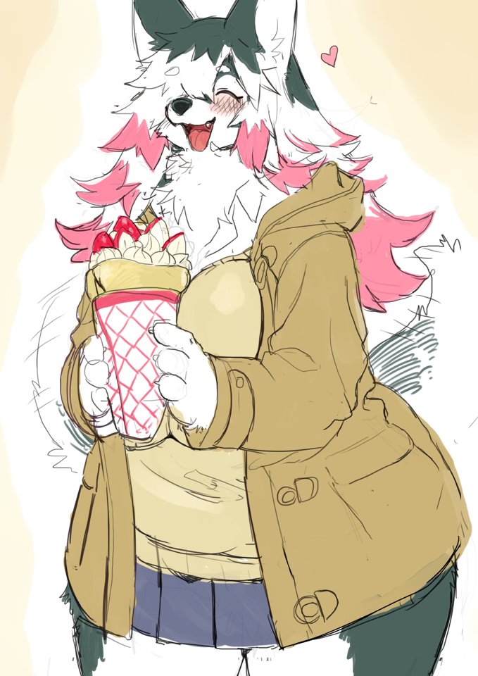 &lt;3 anthro big_breasts big_thighs blush breasts canine chest_tuft clothed clothing coat crepe eyes_closed female food fruit fur grey_fur hair kemono kishibe mammal multicolored_hair overweight skirt smile solo strawberry sweater tuft white_fur wolf
