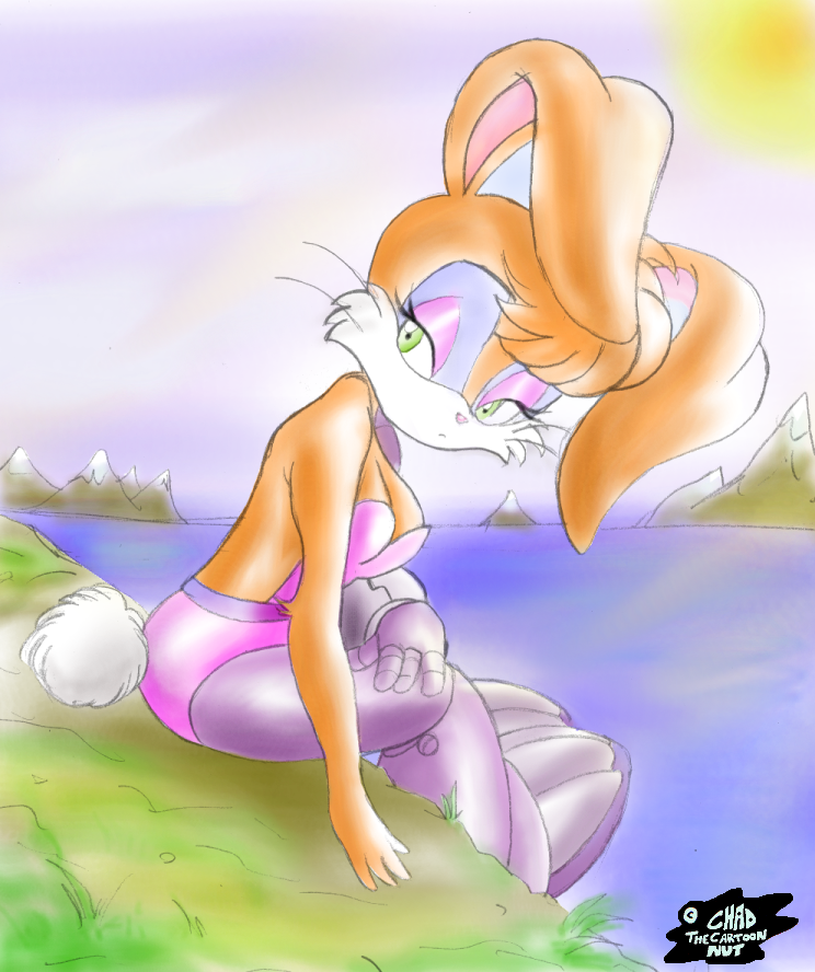 anthro breasts bunnie_rabbot chadthecartoonnut cleavage clothed clothing cybernetics cyborg eyeliner eyeshadow female green_eyes hair hi_res lagomorph looking_at_viewer machine makeup mammal rabbit river sitting solo sonic_(series)