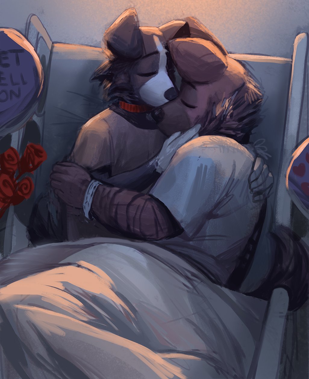 &lt;3 2018 anthro balloon bed black_fur border_collie brian_(tacklebox) brown_fur canine clothed clothing collar collie digital_media_(artwork) dog duo eyes_closed flower fully_clothed fur gloves_(marking) hair hospital hospital_gown hug hyena inside lying male male/male mammal markings multicolored_fur on_bed plant rose shirt striped_fur striped_hyena stripes tacklebox vincollie white_fur