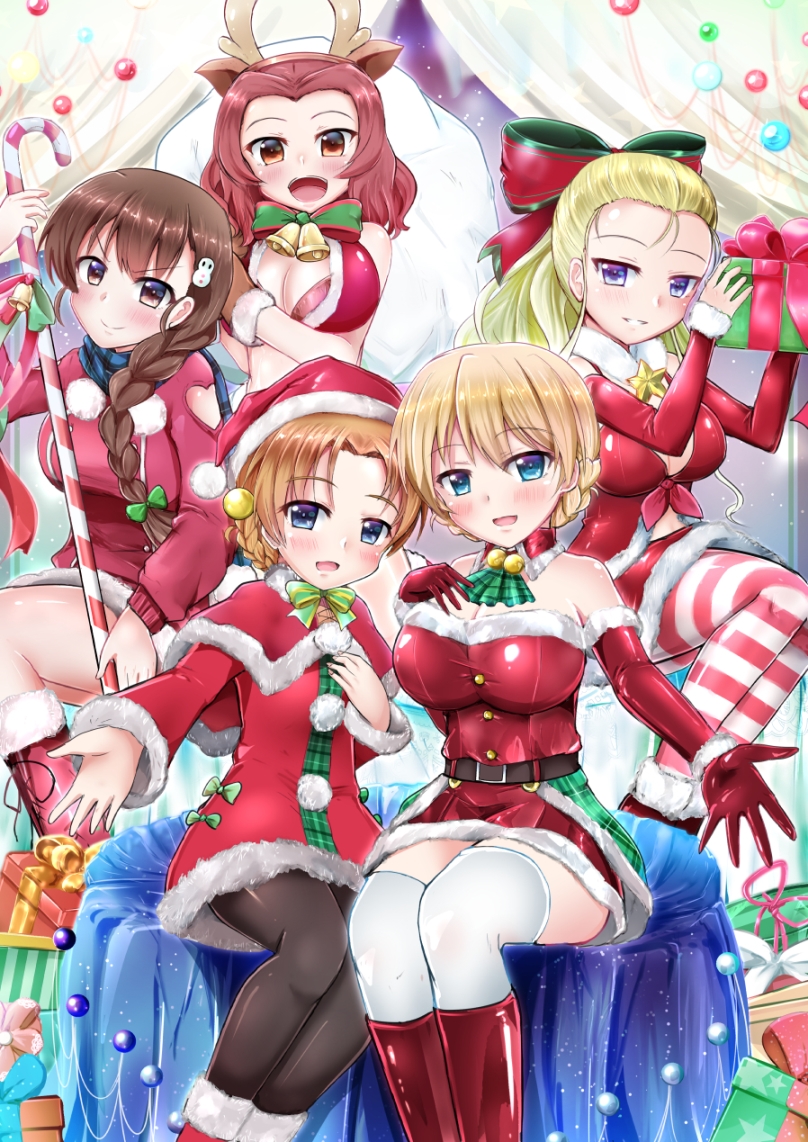 :d animal_ears antlers ascot assam bangs bell belt bikini black_belt black_legwear blonde_hair blue_eyes blue_scarf blurry blurry_background blush boots bow bowtie braid breasts brown_eyes brown_hair candy candy_cane capelet christmas christmas_ornaments cleavage closed_mouth coat commentary_request darjeeling depth_of_field detached_collar dress elbow_gloves eyebrows_visible_through_hair fake_animal_ears fake_antlers food fur-trimmed_boots fur_collar fur_trim gift girls_und_panzer gloves green_bow green_neckwear grin hair_bobbles hair_ornament hair_over_shoulder hair_pulled_back hair_ribbon hat heart_cutout holding jacket jingle_bell kagitsume knee_boots large_breasts legs long_hair long_sleeves looking_at_viewer medium_breasts medium_hair miniskirt multiple_girls open_mouth orange_hair orange_pekoe pantyhose parted_bangs plaid_neckwear reaching_out red_bikini red_capelet red_coat red_collar red_dress red_footwear red_gloves red_hat red_jacket red_legwear red_ribbon red_skirt red_sweater reindeer_antlers reindeer_ears ribbon rosehip rukuriri santa_costume santa_hat scarf short_dress short_hair single_braid sitting skirt smile snowman_hair_ornament standing striped striped_legwear sweater sweater_dress swept_bangs swimsuit thighhighs thighs tied_hair tsurime twin_braids v-shaped_eyebrows white_legwear