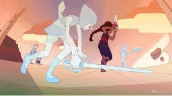 2girls animated animated_gif barefoot braid clone commentary connie_maheswaran fighting hologram hori_takafumi jumping lowres multiple_girls pearl_(steven_universe) perspective steven_quartz_universe steven_universe sword weapon