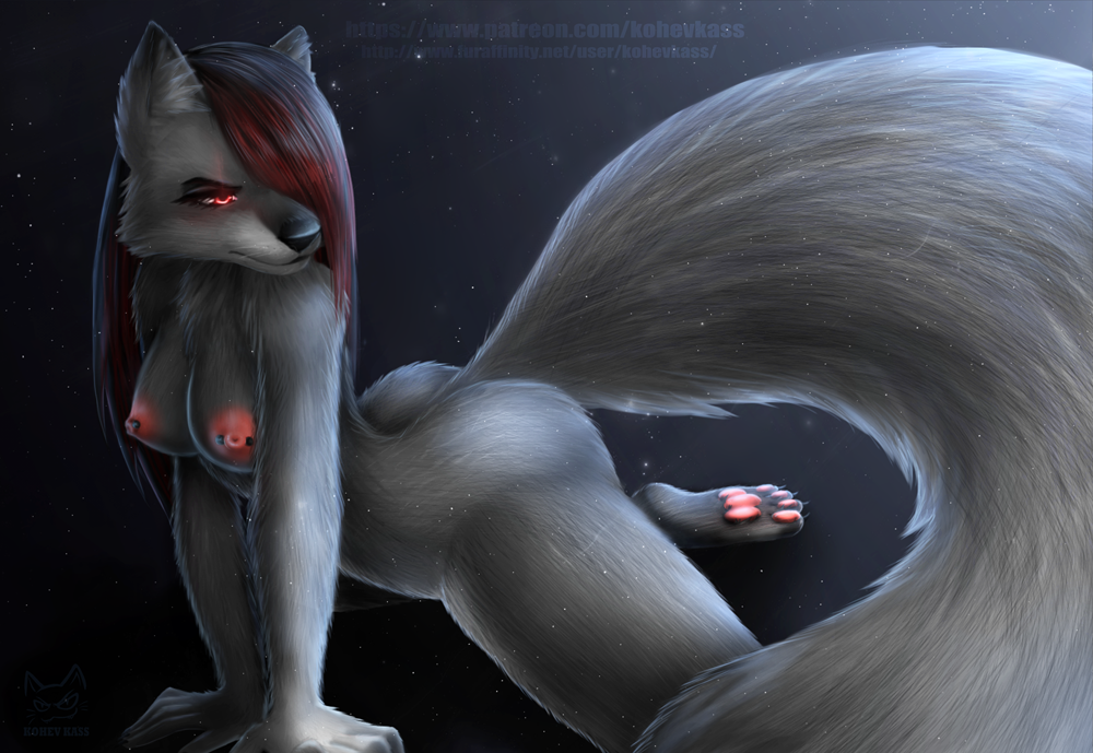2018 all_fours anthro breasts butt canine female glowing glowing_eyes hair kohev_kass mammal nipple_piercing nipples pawpads piercing pink_pawpads red_eyes red_hair solo wolf