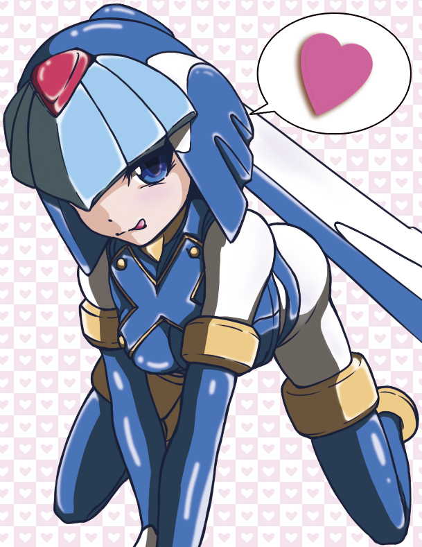 1girl all_fours android artist_request blue_eyes capcom heart helmet leviathan_(rockman) looking_at_viewer patterned_background robot_girl rockman rockman_zero solo speech_bubble thigh_boots thighhighs tongue tongue_out