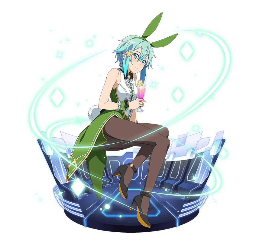 animal_ears black_bow black_footwear black_legwear black_neckwear blue_eyes blue_hair bow bowtie bunny_ears bunny_tail bunnysuit cup drinking_glass fake_animal_ears full_body green_hairband green_shorts hair_between_eyes hair_ornament hairband hairclip high_heels holding holding_cup invisible_chair looking_at_viewer official_art pantyhose parted_lips short_hair_with_long_locks short_shorts shorts sidelocks simple_background sinon sitting sleeveless solo sword_art_online sword_art_online:_code_register tail white_background wrist_cuffs