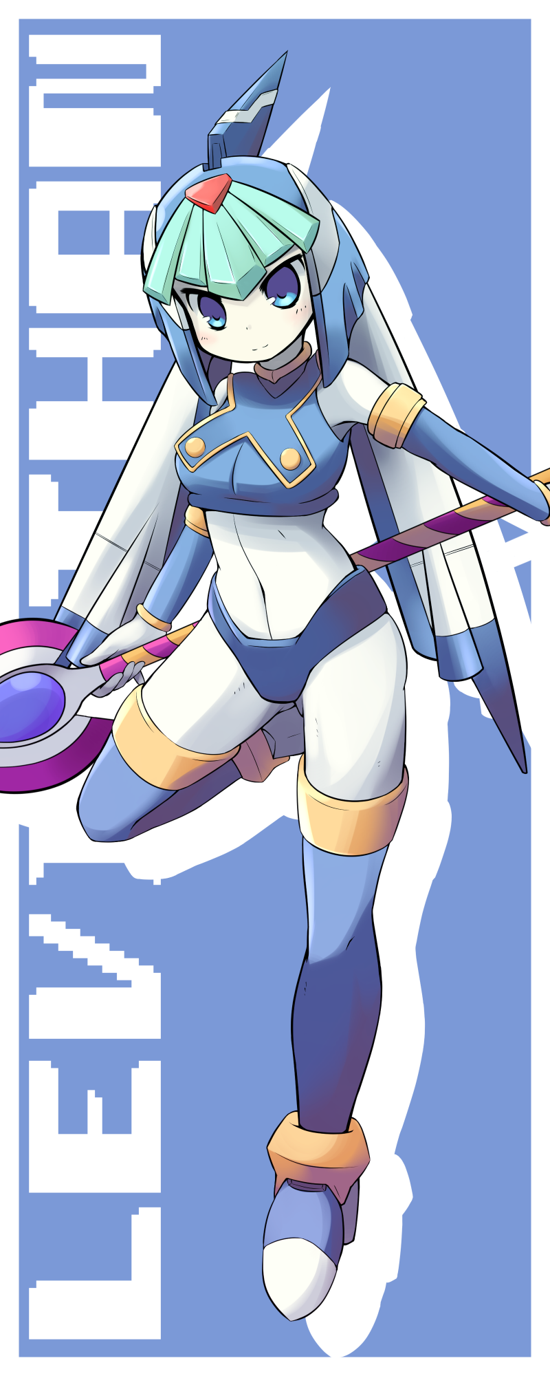 1girl artist_request blue_eyes bodysuit border bracelet breasts capcom character_name frame gloves heels helmet high_heels holding holding_weapon leviathan_(rockman) medium_breasts one_leg_raised outstretched_arm pale_skin rockman rockman_zero smile solo spear text thigh_boots thighhighs weapon white_gloves