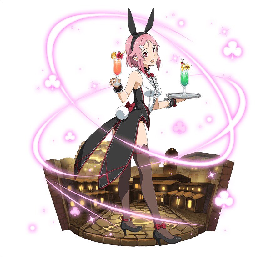 :d animal_ears ankle_bow ankle_ribbon black_footwear black_hairband black_shorts bow bowtie breasts brown_legwear bunny_ears bunny_tail bunnysuit cup fake_animal_ears from_side full_body hairband head_tilt high_heels holding holding_cup lisbeth lisbeth_(sao-alo) looking_at_viewer medium_breasts official_art open_mouth pink_hair pointy_ears red_bow red_eyes red_neckwear ribbon ribbon-trimmed_thighhighs short_hair_with_long_locks short_shorts shorts sidelocks simple_background sleeveless smile solo standing sword_art_online sword_art_online:_code_register tail thighhighs white_background wrist_cuffs