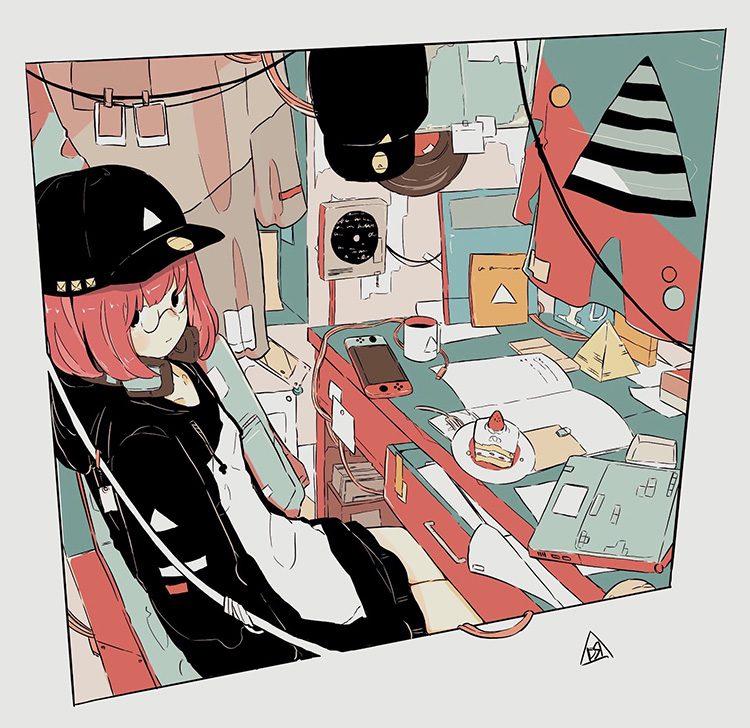 bob_cut cable cake computer cup daisukerichard food fruit glasses hat headphones hood hoodie laptop looking_at_viewer nintendo_switch original paper polaroid pyramid short_hair sitting solo strawberry table triangle