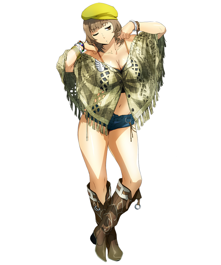 arms_up boots bracelet breasts brown_eyes brown_hair cleavage cowboy_boots eyebrows_visible_through_hair fringe_trim full_body hat jewelry katrina_company large_breasts midriff navel official_art short_hair short_shorts shorts solo standing super_robot_wars super_robot_wars_x-omega tank_top transparent_background watanabe_wataru