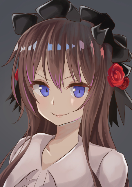 &gt;:) aibumi bad_id bad_pixiv_id blue_eyes brown_hair eyebrows_visible_through_hair flower grey_background hair_flower hair_ornament hairband lolita_hairband long_hair looking_at_viewer original red_flower red_rose rose solo upper_body v-shaped_eyebrows