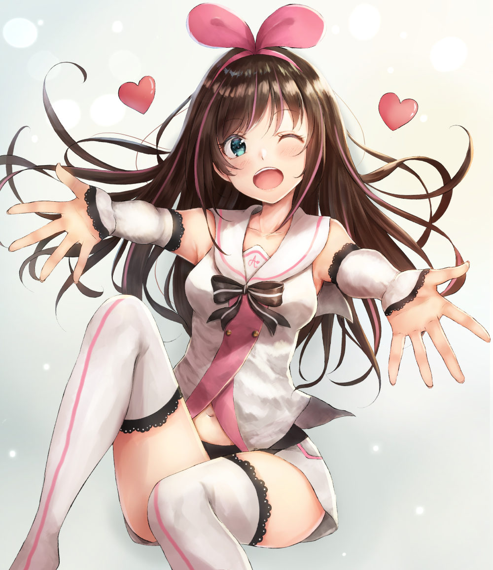 ;d a.i._channel bangs blue_eyes blush bow bowtie breasts brown_hair detached_sleeves eyebrows_visible_through_hair feet_out_of_frame hairband happy heart irohakaede kizuna_ai knees_up lace lace-trimmed_sleeves lace-trimmed_thighhighs long_hair looking_at_viewer medium_breasts multicolored_hair navel one_eye_closed open_mouth outstretched_arm pink_hair sailor_collar shirt shorts sitting smile solo teeth thighhighs virtual_youtuber