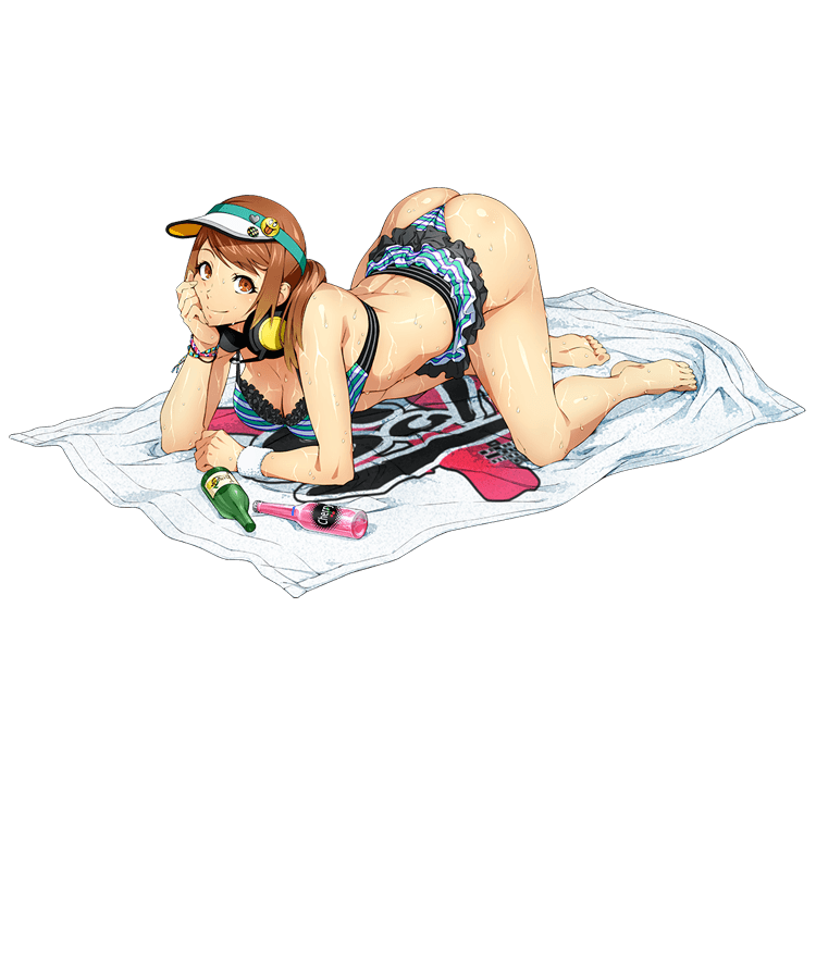 all_fours arm_support ass barefoot beach_towel bikini bikini_skirt bottle bracelet breasts brown_eyes brown_hair cleavage full_body hand_on_own_chin headphones headphones_around_neck jewelry large_breasts long_hair looking_at_viewer official_art olive_oppert ponytail smile solo striped striped_bikini super_robot_wars super_robot_wars_x-omega swimsuit towel transparent_background visor_cap watanabe_wataru wet wristband