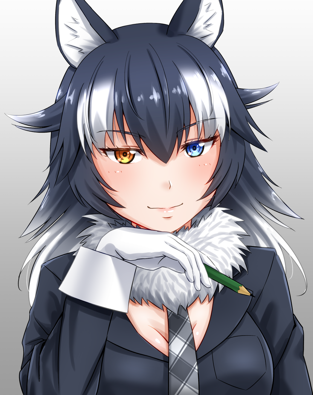 animal_ears bangs black_hair black_jacket blue_eyes blush breast_pocket breasts cleavage closed_mouth eyebrows eyebrows_visible_through_hair eyelashes fur_collar gloves gradient gradient_background gradient_hair grey_neckwear grey_wolf_(kemono_friends) hair_between_eyes hair_flaps heterochromia highres holding holding_pencil jacket kemono_friends lips long_hair long_sleeves looking_at_viewer medium_breasts multicolored multicolored_background multicolored_hair necktie orange_eyes pencil pink_lips plaid plaid_neckwear pocket shiny shiny_hair sleeve_cuffs smile solo takatsuki_nao tsurime two-tone_hair upper_body white_gloves white_hair wolf_ears wolf_girl