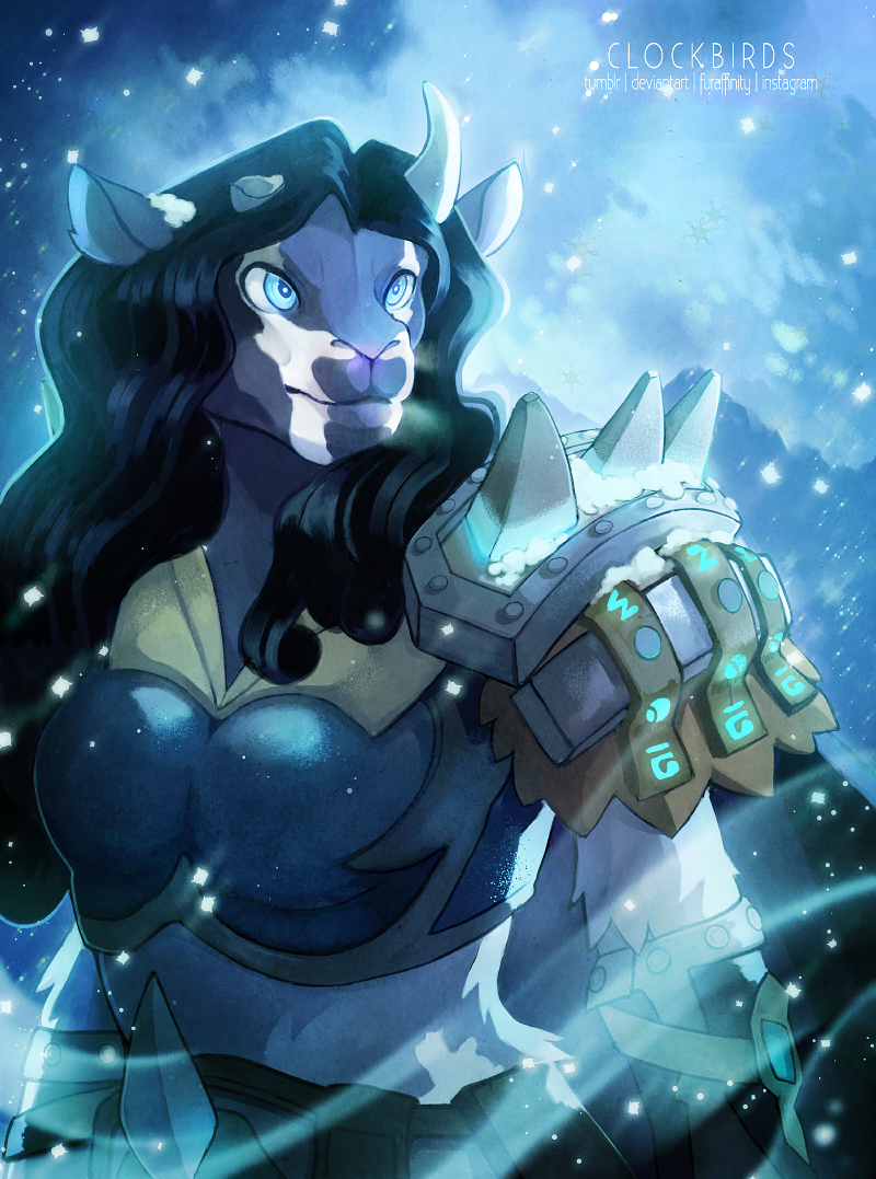 2017 anthro armor black_hair blue_eyes bovine breastplate breasts broken_horn clockbirds clothed clothing cloud death_knight detailed_background female fully_clothed fur gloves grey_fur hair horn looking_back mammal markings mountain outside pauldron sky snow snowing solo standing tauren undead video_games warcraft white_markings