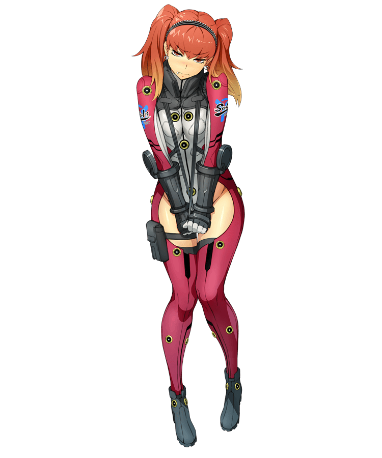 bertha_bernstein blonde_hair bodysuit eyebrows_visible_through_hair fang full_body gloves gradient_hair hairband hands_together holster long_hair looking_at_viewer multicolored_hair official_art red_hair solo strap_pull super_robot_wars super_robot_wars_x-omega thigh_holster transparent_background twintails v_arms watanabe_wataru