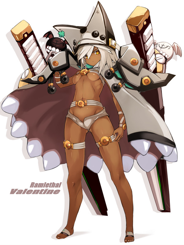 1girl beltbra breasts cape character_name clover creature dark_skin dual_wielding expressionless familiar feet floating_swords guilty_gear guilty_gear_xrd hair_between_eyes hat karukan_(monjya) looking_at_viewer medium_breasts navel orange_eyes ramlethal_valentine shadow short_hair short_shorts simple_background solo_focus standing stomach sword thigh_strap toes underboob weapons white_background white_hair