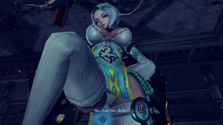 10s 1girl 3d animated animated_gif bare_shoulders blade_&amp;_soul blue_eyes blue_hair bow breasts cleavage detached_sleeves english fan female grey_legwear hair_bow hairband julia_(blade_&amp;_soul) korean korean_clothes large_breasts looking_at_viewer no_bra revealing_clothes short_hair simple_background smile solo subtitled talking thighhighs trampling