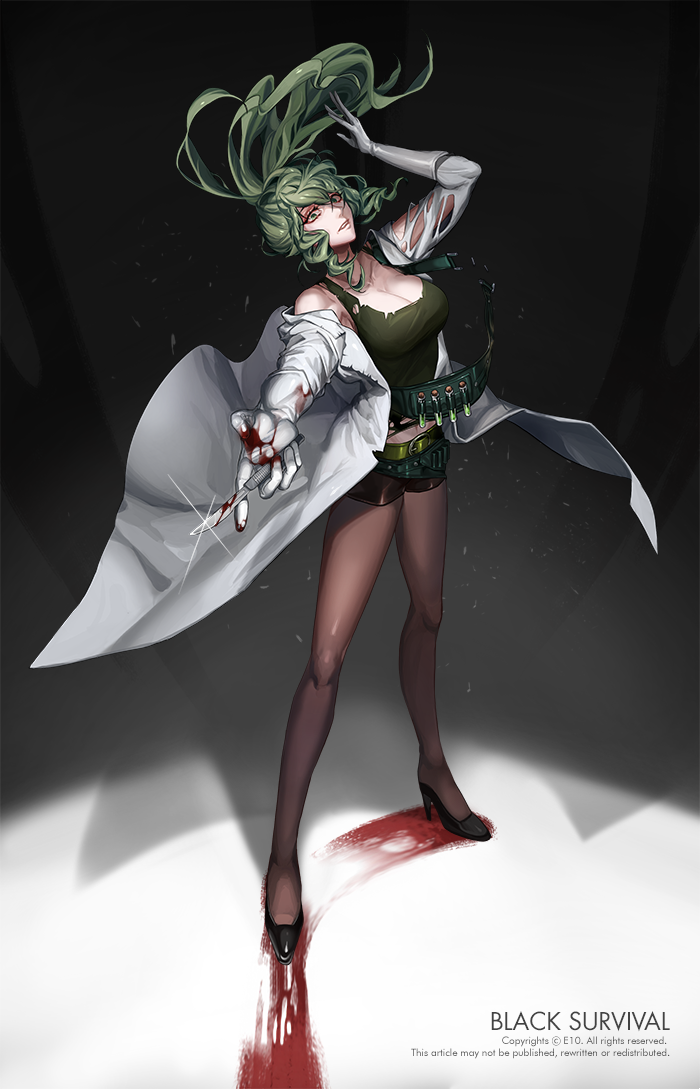 altimaen_iten belt black_legwear black_shorts black_survival blood breasts cleavage full_body gloves green_eyes green_hair head_back high_heels labcoat large_breasts legwear_under_shorts long_hair looking_at_viewer open_mouth pantyhose pantyhose_under_shorts parted_lips ponytail scalpel short_shorts shorts solo standing tank_top utility_belt white_gloves