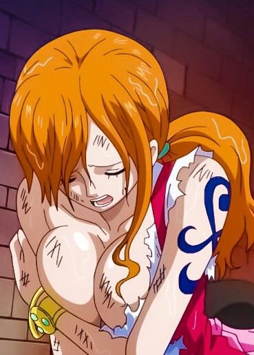 1girl bare_shoulders breasts cleavage dress eyes_closed female hairband highres indoors inside large_breasts legwear long_hair nami_(one_piece) one_piece open_mouth orange_hair ponytail screencap sideboob sitting smoke solo tattoo teeth tongue