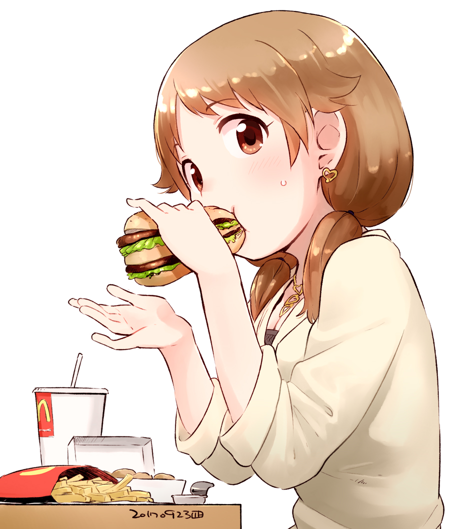 blush breasts brown_eyes brown_hair chicken_nuggets cleavage cup disposable_cup drinking_straw earrings eating eyebrows_visible_through_hair eyelashes food french_fries from_side hamburger heart heart_earrings heart_necklace idolmaster idolmaster_cinderella_girls jewelry katagiri_sanae looking_at_viewer low_twintails mcdonald's medium_hair nagian necklace sauce simple_background small_breasts solo sweatdrop sweater table twintails upper_body white_background yellow_sweater