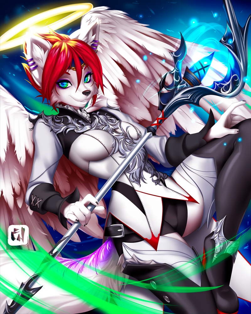 5_fingers anthro black_nose blue_eyes breasts canine clothed clothing digital_drawing_(artwork) digital_media_(artwork) dragonfu feathered_wings feathers female fox fur hair holding_object hybrid looking_at_viewer mammal red_hair smile solo staff white_feathers white_fur wings wolf