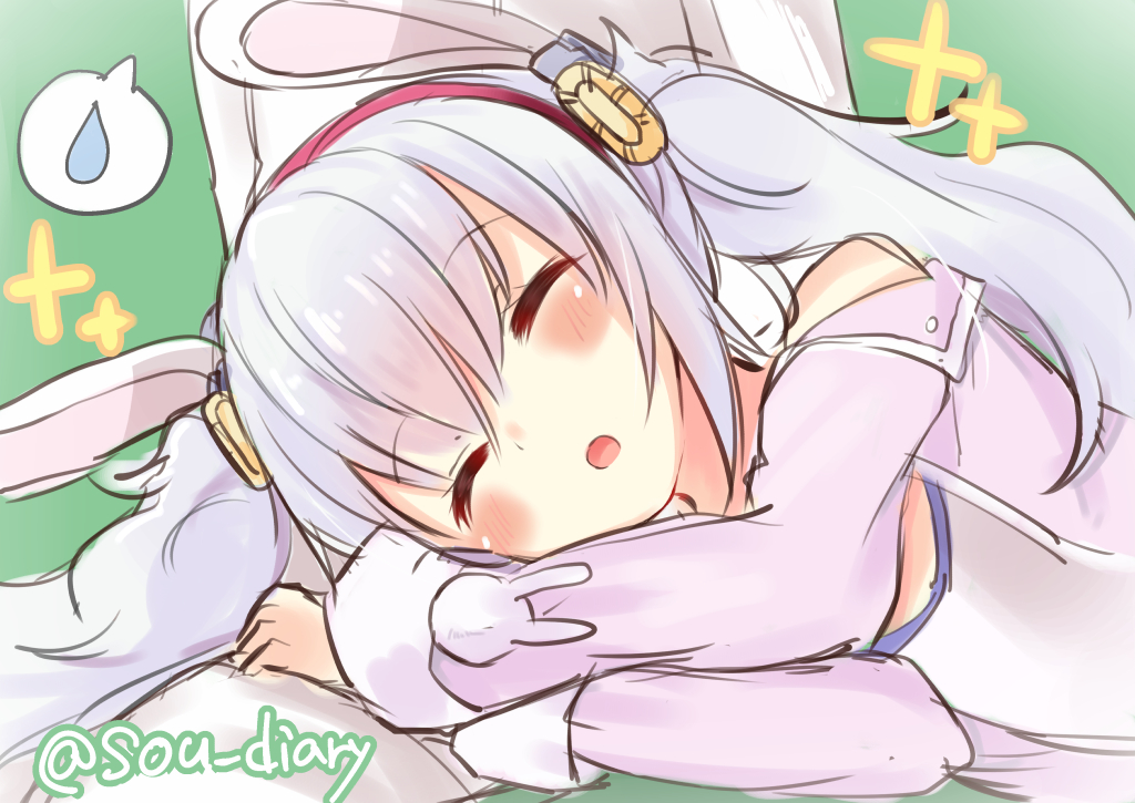 :o animal_ears azur_lane bangs blush bunny_ears camisole closed_eyes commentary_request eyebrows_visible_through_hair green_background hair_ornament hairband jacket laffey_(azur_lane) lap_pillow long_hair long_sleeves lying off_shoulder on_side parted_lips pink_jacket red_hairband silver_hair solo_focus sou_(soutennkouchi) spoken_sweatdrop sweatdrop twintails twitter_username white_camisole