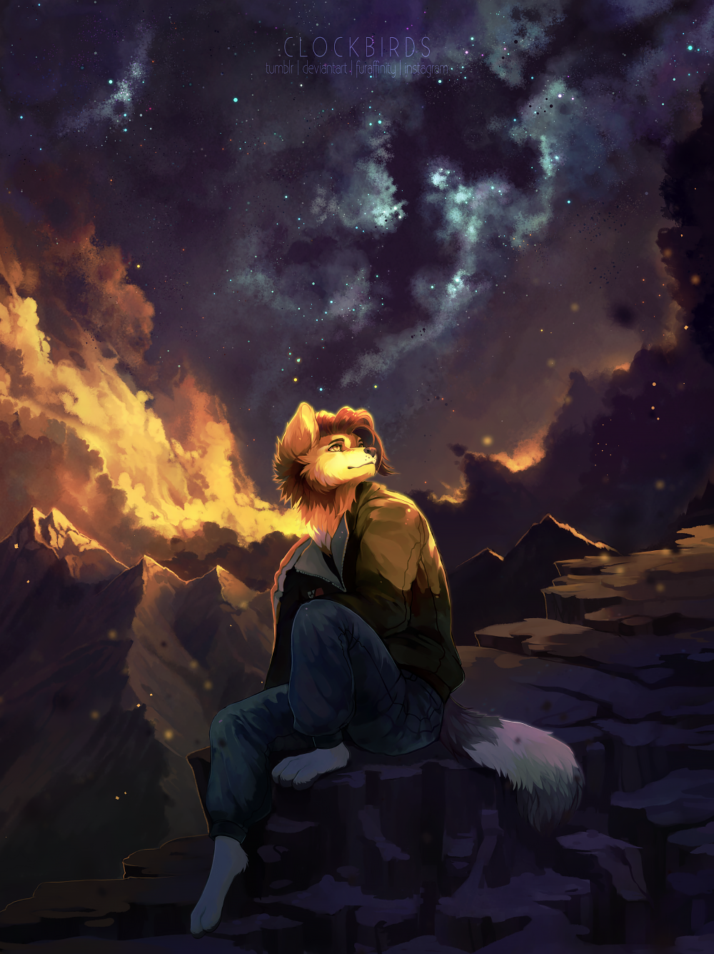 2017 anthro brown_fur brown_hair canine clockbirds clothed clothing cloud countershading detailed_background dipstick_tail fully_clothed fur galaxy hair jacket jeans looking_back male mammal mountain multicolored_tail nature night outside pants pawpads sitting sky solo star starry_sky tan_countershading wolf yellow_eyes