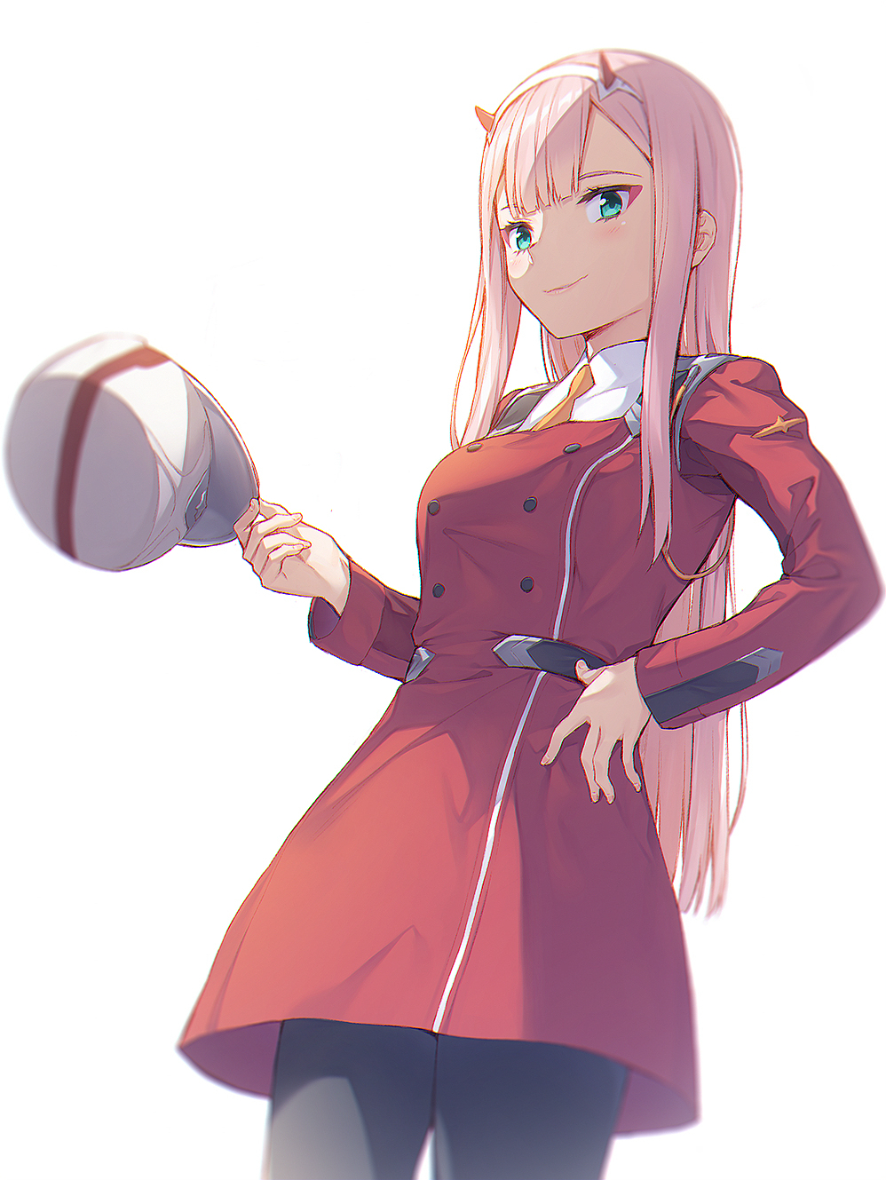 bangs baseball_cap black_legwear blush breasts coat cowboy_shot darling_in_the_franxx double-breasted fake_horns from_below green_eyes hairband hand_on_hip hat hat_removed headwear_removed highres holding holding_hat lips long_hair long_sleeves looking_at_viewer medium_breasts mikazuchi_zeus military military_uniform necktie pantyhose pink_hair red_coat simple_background solo standing straight_hair uniform white_background white_hairband yellow_neckwear zero_two_(darling_in_the_franxx)