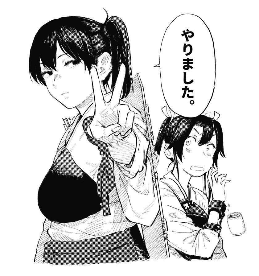 can commentary_request dilated_pupils dropping flight_deck greyscale hiro_(chumo) kaga_(kantai_collection) kantai_collection long_hair looking_at_viewer monochrome multiple_girls muneate short_hair side_ponytail soda_can surprised tasuki translated v wristband zuikaku_(kantai_collection)