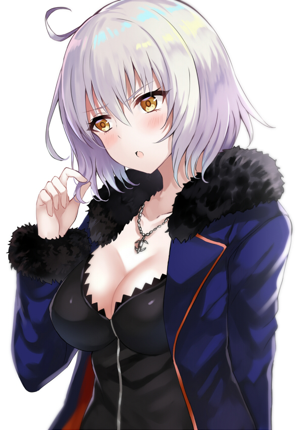 :o ahoge bangs black_dress blue_jacket blush breasts cleavage dress eyebrows_visible_through_hair fate/grand_order fate_(series) fur-trimmed_jacket fur-trimmed_sleeves fur_trim hair_between_eyes harimoji jacket jeanne_d'arc_(alter)_(fate) jeanne_d'arc_(fate)_(all) jewelry large_breasts long_sleeves looking_away open_clothes open_jacket parted_lips pendant short_hair silver_hair simple_background solo white_background wicked_dragon_witch_ver._shinjuku_1999 yellow_eyes