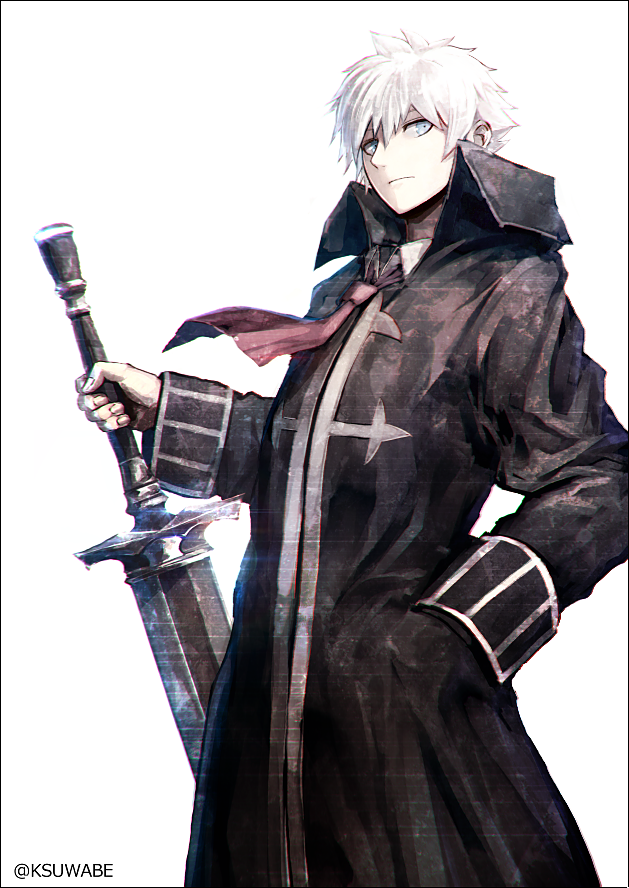 black_border blue_eyes border charles_henri_sanson_(fate/grand_order) closed_mouth coat commentary_request fate/grand_order fate_(series) fingernails hair_between_eyes hand_in_pocket high_collar holding holding_sword holding_weapon kei-suwabe long_sleeves looking_at_viewer male_focus necktie red_neckwear simple_background solo standing sword weapon white_background white_hair