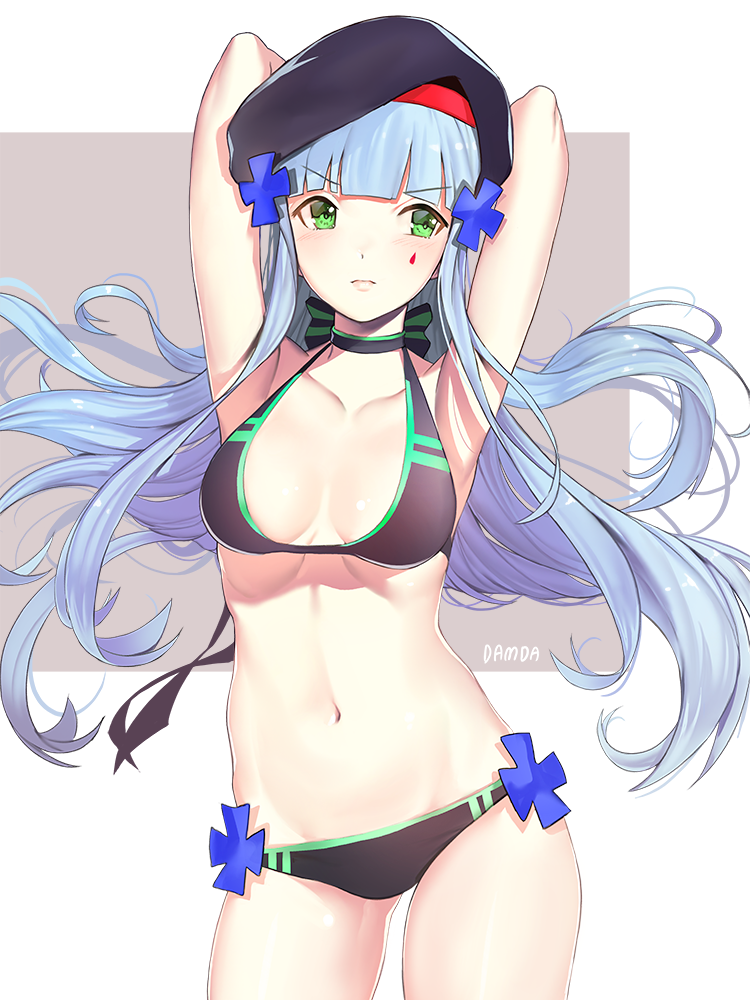 armpits arms_up artist_name assault_rifle bangs beret bikini black_bikini blue_hair blunt_bangs blush breasts closed_mouth collarbone commentary_request contrapposto damda eyebrows_visible_through_hair facial_mark floating_hair girls_frontline gun hair_ornament hat heckler_&amp;_koch hk416 hk416_(girls_frontline) long_hair looking_at_viewer looking_to_the_side medium_breasts navel rifle signature solo standing swimsuit teardrop thighs tsurime weapon