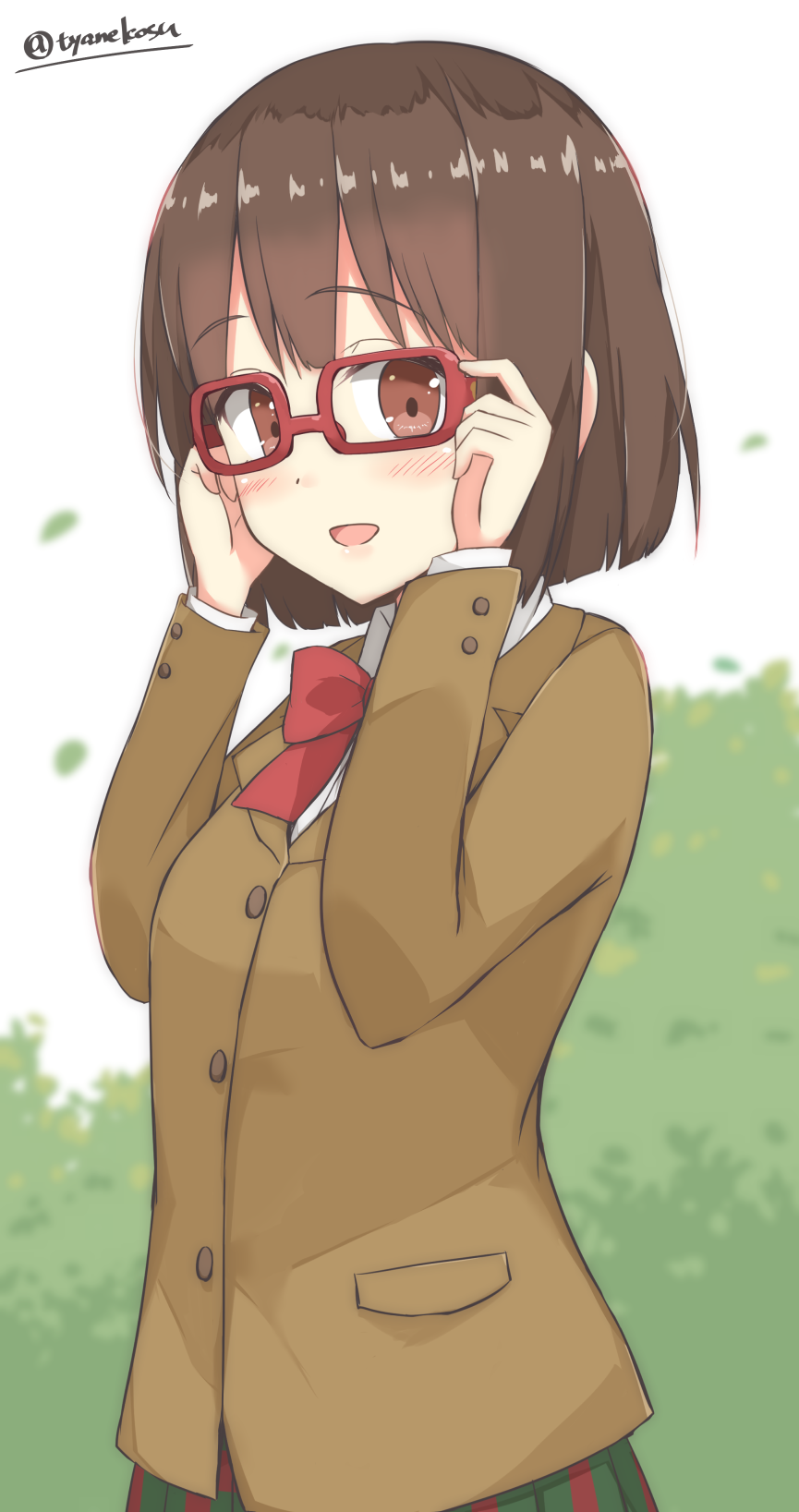 :d adjusting_eyewear bangs blazer blurry blurry_background blush bow bowtie brown_eyes brown_hair brown_jacket chaa_(korone-ze) collared_shirt commentary_request depth_of_field eyebrows_visible_through_hair glasses green_skirt highres jacket kurahashi_miho long_sleeves looking_at_viewer open_mouth plaid plaid_skirt pocket red-framed_eyewear red_neckwear school_uniform shirt skirt smile solo twitter_username white_background white_shirt z-kai:_cross_road
