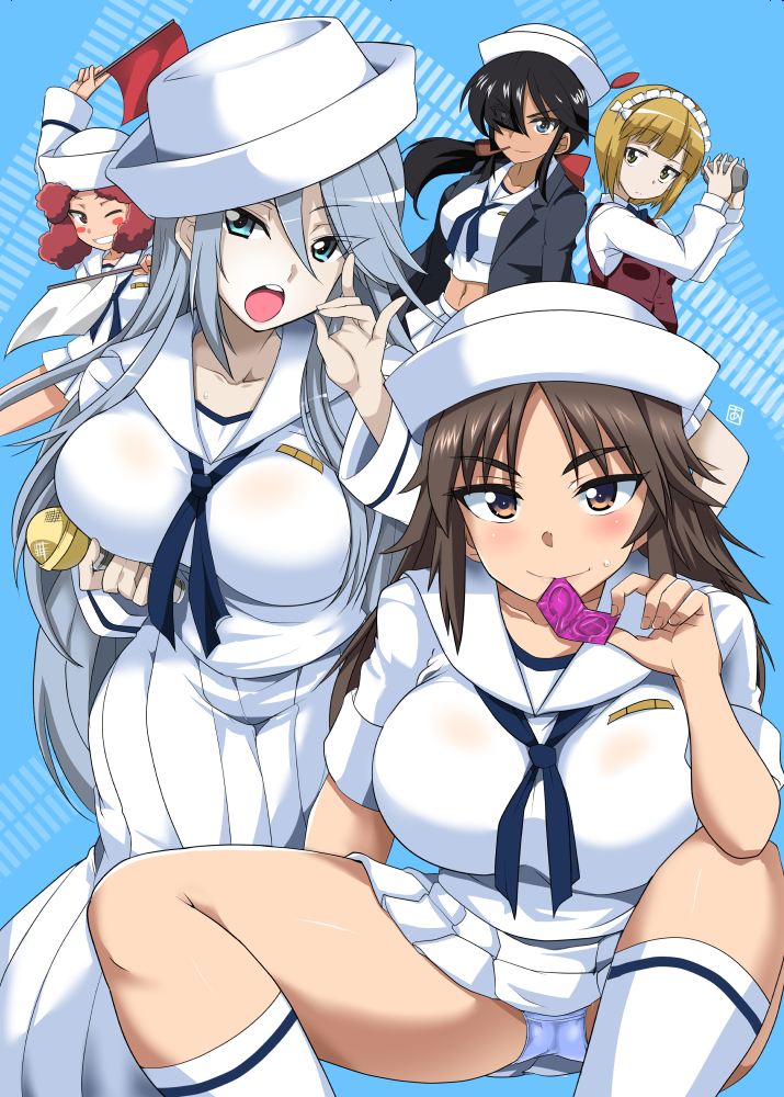 aoi_manabu bangs black_eyes black_hair black_jacket black_neckwear blonde_hair blouse blue_eyes blue_neckwear bow bowtie breasts brown_eyes brown_vest closed_mouth commentary_request condom condom_in_mouth crotch_seam cutlass_(girls_und_panzer) dark_skin dixie_cup_hat dress_shirt eyebrows_visible_through_hair eyes_visible_through_hair feathers flint_(girls_und_panzer) fox_shadow_puppet girls_und_panzer grey_hair grin hair_over_one_eye hat holding holding_microphone jacket large_breasts leg_up light_frown loafers long_hair long_skirt long_sleeves looking_at_viewer maid_headdress microphone midriff military_hat miniskirt mouth_hold multiple_girls murakami_(girls_und_panzer) navel neckerchief ogin_(girls_und_panzer) one_eye_closed ooarai_naval_school_uniform open_mouth panties pantyshot pantyshot_(sitting) pipe pipe_in_mouth pleated_skirt print_legwear red_eyes red_flag red_hair rum_(girls_und_panzer) sailor sailor_collar school_uniform shaker shirt shoes short_hair sitting skirt sleeves_rolled_up smile socks standing underwear vest white_blouse white_footwear white_hat white_legwear white_panties white_shirt white_skirt