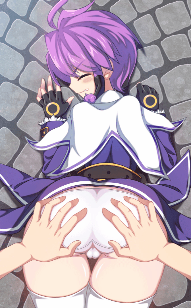 1girl ahoge aisha_(elsword) animated animated_gif ass ass_grab blush cameltoe disembodied_hands elsword eyes_closed fingerless_gloves from_above from_behind gloves hair_tubes magician_(elsword) panties pinyshi purple_hair shiny shiny_clothes shiny_hair shiny_skin short_hair skirt thighhighs top-down_bottom-up underwear