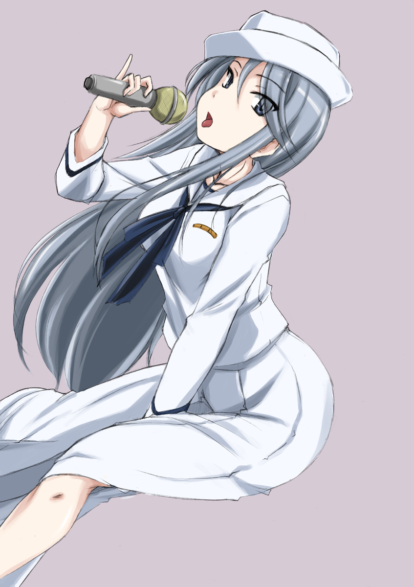 between_legs blouse blue_neckwear dixie_cup_hat dutch_angle eyebrows_visible_through_hair eyes_visible_through_hair flint_(girls_und_panzer) girls_und_panzer grey_background grey_eyes grey_hair hand_between_legs hat highres holding holding_microphone leaning_forward long_hair long_sleeves looking_at_viewer microphone military_hat music neckerchief ooarai_naval_school_uniform open_mouth pinky_out pleated_skirt sailor sailor_collar school_uniform side_slit simple_background singing skirt solo standing wan'yan_aguda white_blouse white_hat white_skirt