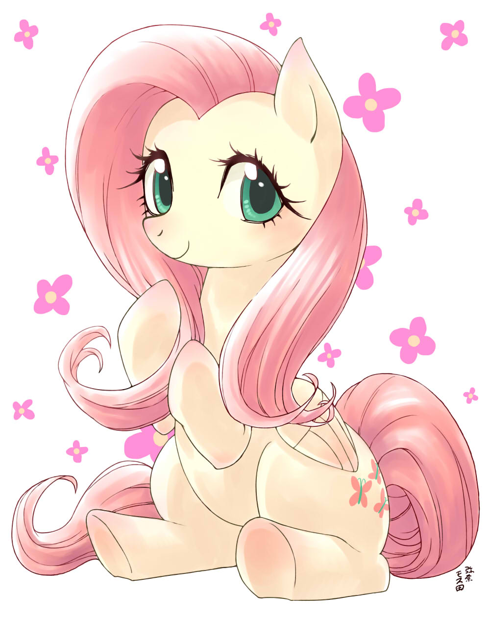 2017 blush cute cutie_mark equine eyelashes feathered_wings feathers female flower fluttershy_(mlp) friendship_is_magic full-length_portrait hair japanese_text looking_at_viewer makeup mammal mascara my_little_pony nude pegasus pink_hair plant portrait signature simple_background sitting smile solo teal_eyes text white_background wings yanamosuda