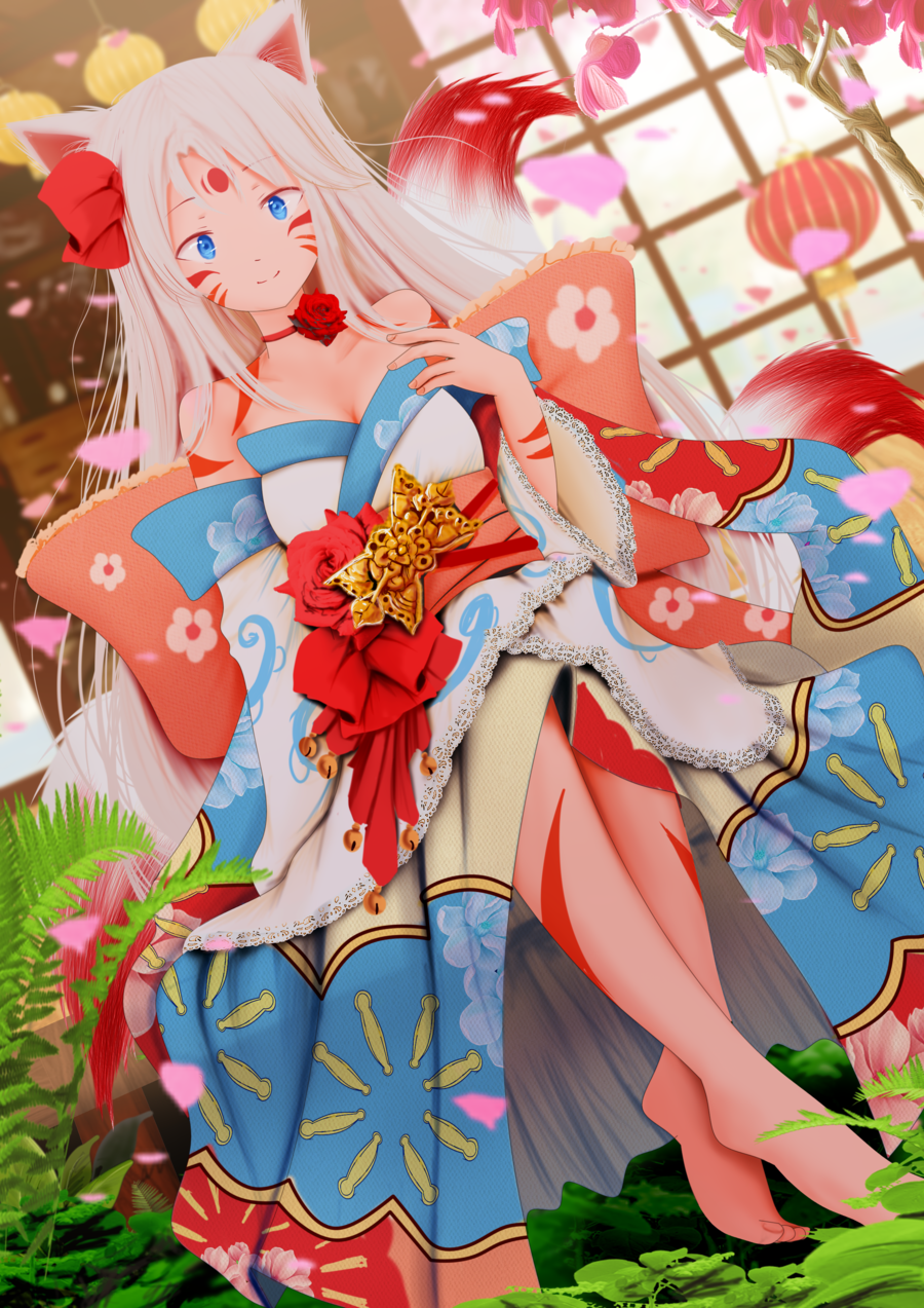 animal_ears bare_shoulders bell blue_eyes blurry blurry_background bow breasts choker cleavage closed_mouth collarbone commission depth_of_field detached_sleeves dutch_angle facial_mark fingernails flower fox_ears fox_girl fox_tail hair_bow hand_up highres japanese_clothes jingle_bell kimono kirimatsu kitsune lantern long_hair long_sleeves looking_at_viewer medium_breasts obi original outdoors paper_lantern petals red_bow red_choker red_flower red_rose rose sash silver_hair sitting smile solo strapless tail very_long_hair white_kimono wide_sleeves