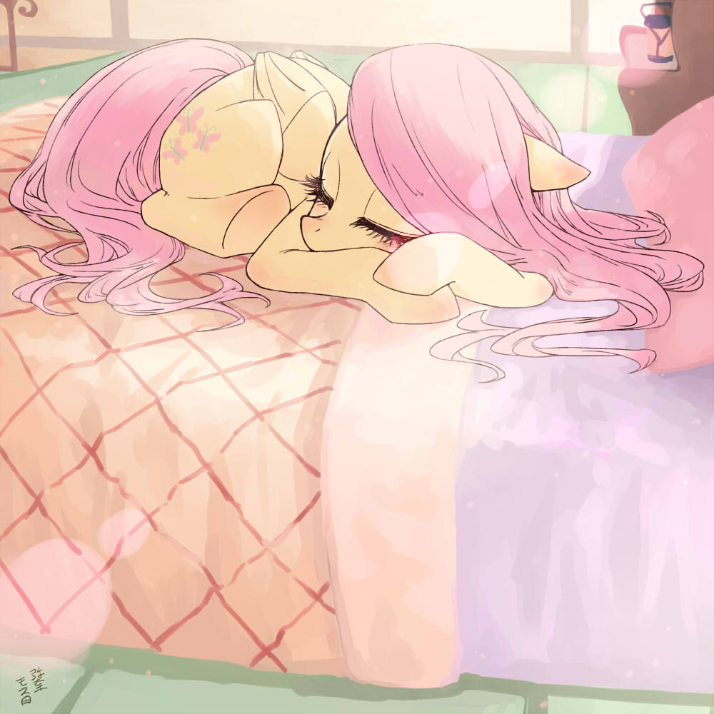 2018 album_art bed bed_covers bedding bedroom cover_art cute cutie_mark equine eyelashes feathered_wings feathers female fluttershy_(mlp) friendship_is_magic full-length_portrait hair inside japanese_text lantern lying makeup mammal mascara my_little_pony nude pegasus pillow pink_hair portrait signature sleeping solo sunlight text wings yanamosuda