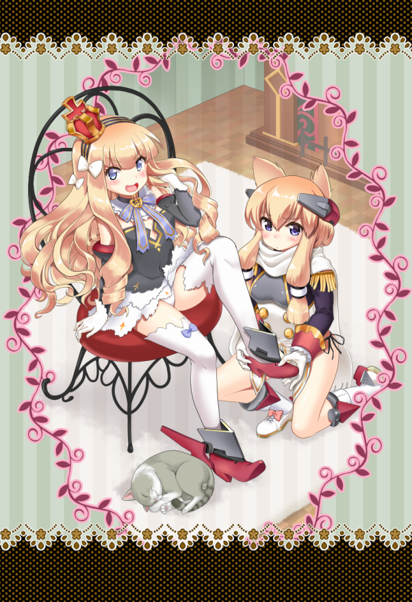 :d azur_lane bare_shoulders black_hairband blonde_hair blue_bow blush border bow carpet cat chair closed_eyes closed_mouth crown curly_hair detached_sleeves epaulettes eyebrows_visible_through_hair gloves hair_between_eyes hairband indoors long_hair long_sleeves looking_at_viewer lying mini_crown multiple_girls on_side one_knee open_mouth pink_bow queen_elizabeth_(azur_lane) scarf sitting sleeping smile striped striped_background thighhighs uran_(uran-factory) v-shaped_eyebrows vertical-striped_background vertical_stripes very_long_hair warspite_(azur_lane) white_footwear white_gloves white_legwear white_scarf