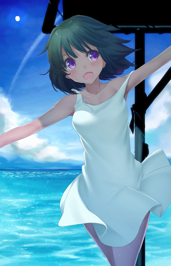 balancing black_hair blue blush breasts cloud cloudy_sky collarbone condensation_trail dark_skin day dress hair_intakes idolmaster idolmaster_cinderella_girls leaning_to_the_side looking_to_the_side medium_breasts natalia_(idolmaster) ocean open_mouth outdoors outstretched_arms pole purple_eyes ratsuku_kinoko shade shiny shiny_skin short_hair sky sleeveless sleeveless_dress solo strap_slip sun sundress walking white_dress wind