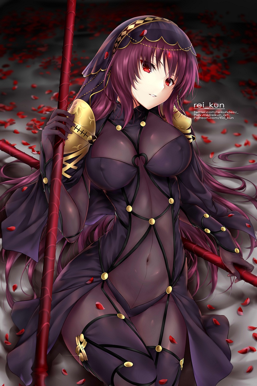 armor artist_name bangs bodysuit breasts covered_navel fate/grand_order fate_(series) gae_bolg highres holding holding_weapon large_breasts long_hair looking_at_viewer lying on_back pauldrons polearm purple_bodysuit purple_hair red_eyes rei_kun scathach_(fate)_(all) scathach_(fate/grand_order) shoulder_armor solo spear veil very_long_hair watermark weapon web_address