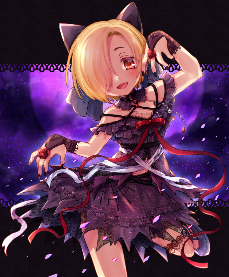 :d arm_up babydoll bandages black_bow blonde_hair blue_footwear blush bow bridal_gauntlets brooch chromatic_aberration detached_collar dot_nose eyes_visible_through_hair feet_out_of_frame flower hair_bow hair_over_one_eye head_tilt idolmaster idolmaster_cinderella_girls jewelry lace lace-trimmed_skirt lace_trim leg_garter looking_at_viewer mary_janes moon nail_polish necklace night night_sky open_mouth outstretched_arms pearl_necklace petals purple_babydoll purple_skirt red_eyes red_flower red_ribbon red_rose ribbon rose ruku_(ruku_5050) shirasaka_koume shoes short_eyebrows short_hair silk skirt skirt_set skull sky smile solo spaghetti_strap spider_web standing standing_on_one_leg zombie_pose
