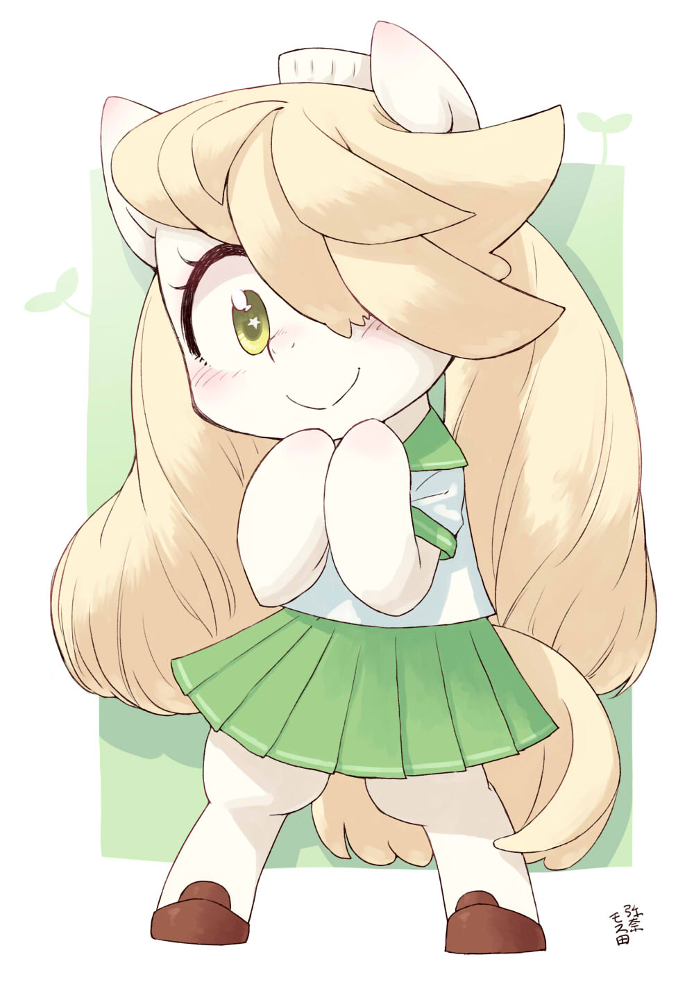 2017 blonde_hair blush border chibi clothed clothing clover cute eyelashes fan_character female footwear full-length_portrait fully_clothed green_background green_eyes hair hair_over_eyes hat japanese_text long_hair looking_at_viewer makeup mascara my_little_pony portrait shadow shirt shoes signature simple_background skirt smile solo standing star star_eyes text two_tone_background white_border yanamosuda