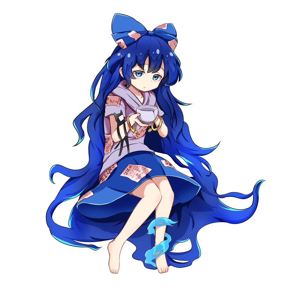 ajia_(otya3039) bangle barefoot blue_bow blue_eyes blue_hair blue_skirt bow bowl bracelet commentary damaged debt hair_bow hood hoodie jewelry long_hair looking_at_viewer skirt solo stuffed_animal stuffed_cat stuffed_toy touhou very_long_hair yorigami_shion