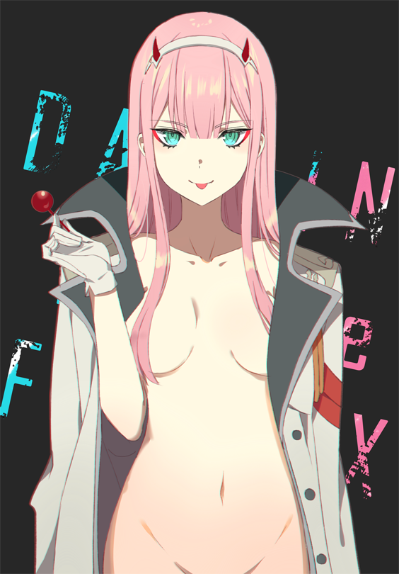 :p aqua_eyes bangs breasts breasts_apart candy check_commentary commentary commentary_request convenient_censoring darling_in_the_franxx eyebrows_visible_through_hair food haikimono_shounen hair_censor hair_over_breasts hairband horns jacket jacket_on_shoulders lollipop long_hair looking_at_viewer medium_breasts navel nude pink_hair shiny shiny_hair smile solo standing tongue tongue_out white_hairband zero_two_(darling_in_the_franxx)