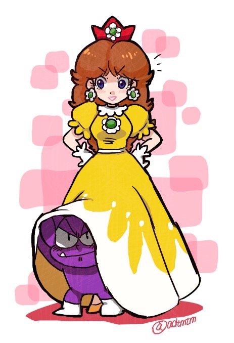 1girl brown_hair crown dress earrings fang flower_earrings gloves hand_on_another's_head hands_on_hips jewelry kneeling long_hair looking_at_viewer looking_to_the_side mario_(series) mini_crown nm_qi parted_lips princess_daisy standing super_mario_bros. super_mario_land tatanga tears twitter_username under_skirt white_background white_gloves yellow_dress