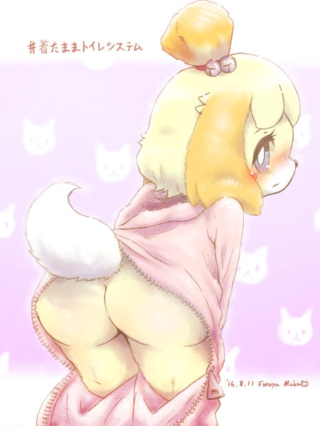 2016 animal_crossing bell blonde_hair blue_sclera blush butt dated fallinnight female hair isabelle_(animal_crossing) leaning leaning_forward looking_at_viewer nintendo pink_background rear_view short_hair signature simple_background solo standing text translation_request unzipped video_games white_eyes
